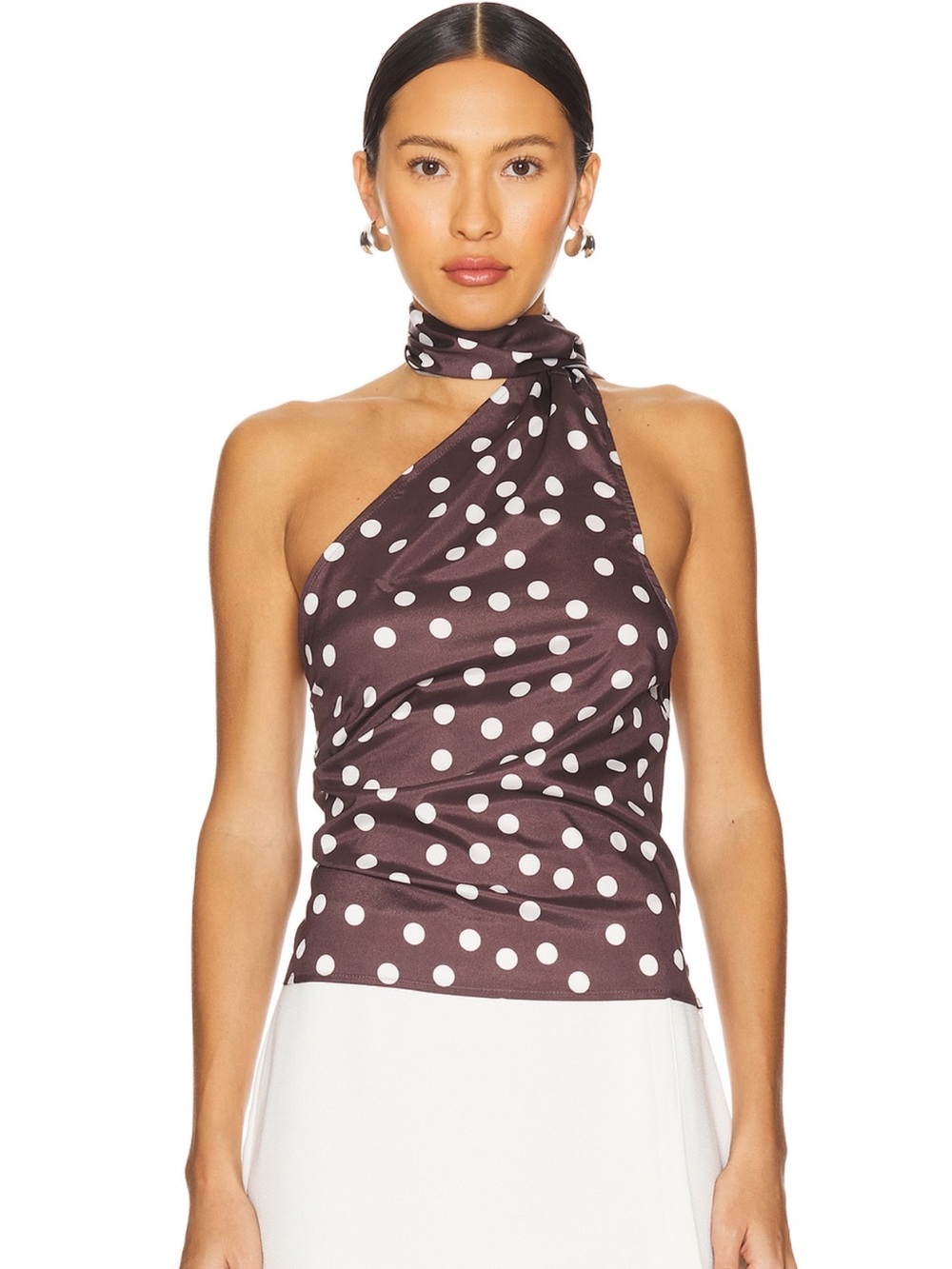 Polka Dot One-Shoulder Halter Top in Brown and White